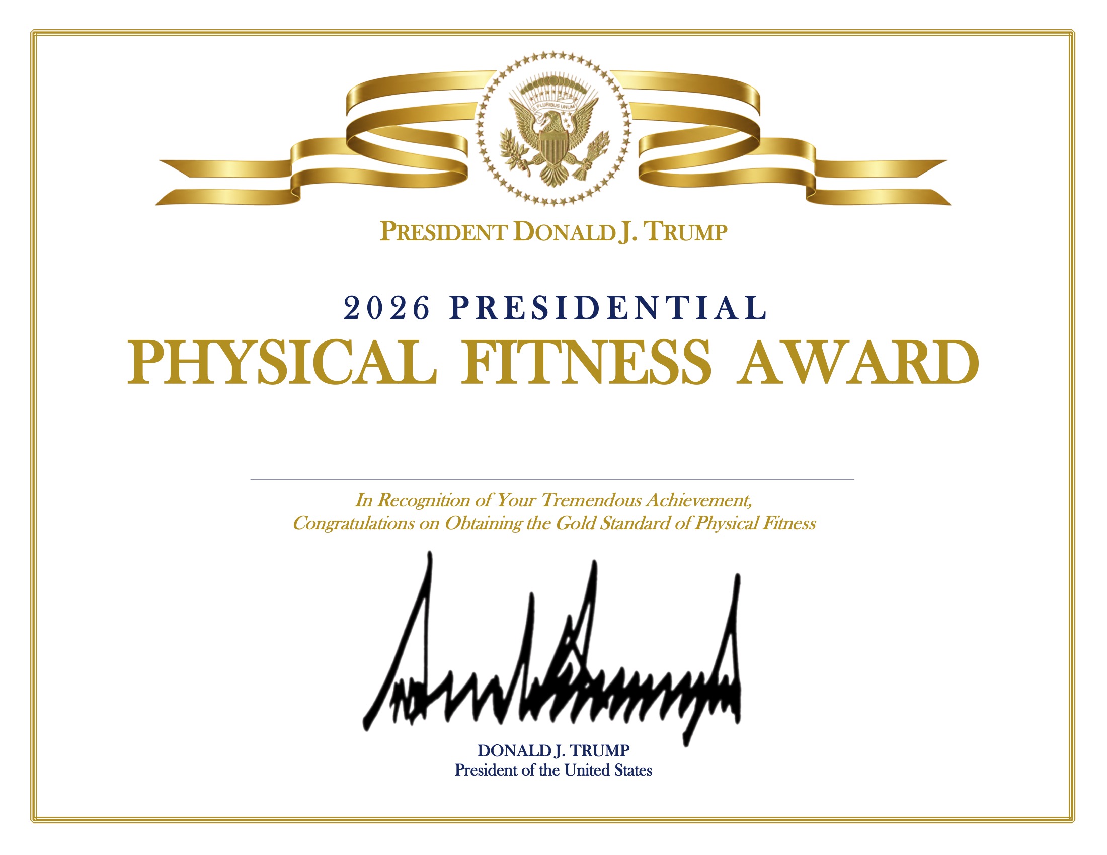 Official 2026 Presidential Physical Fitness Award certificate, as generated by the ITS mobile app