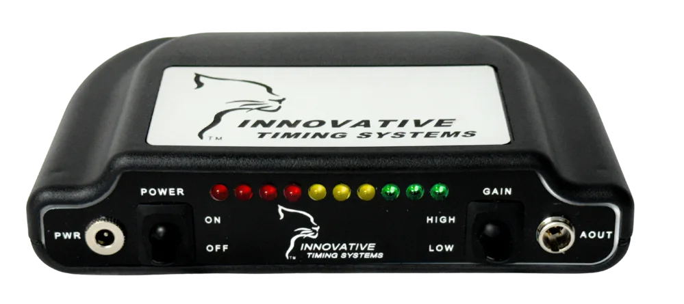 RF Ranger handheld signal analyzer front panel showing power switch, signal-strength LEDs, and gain controls