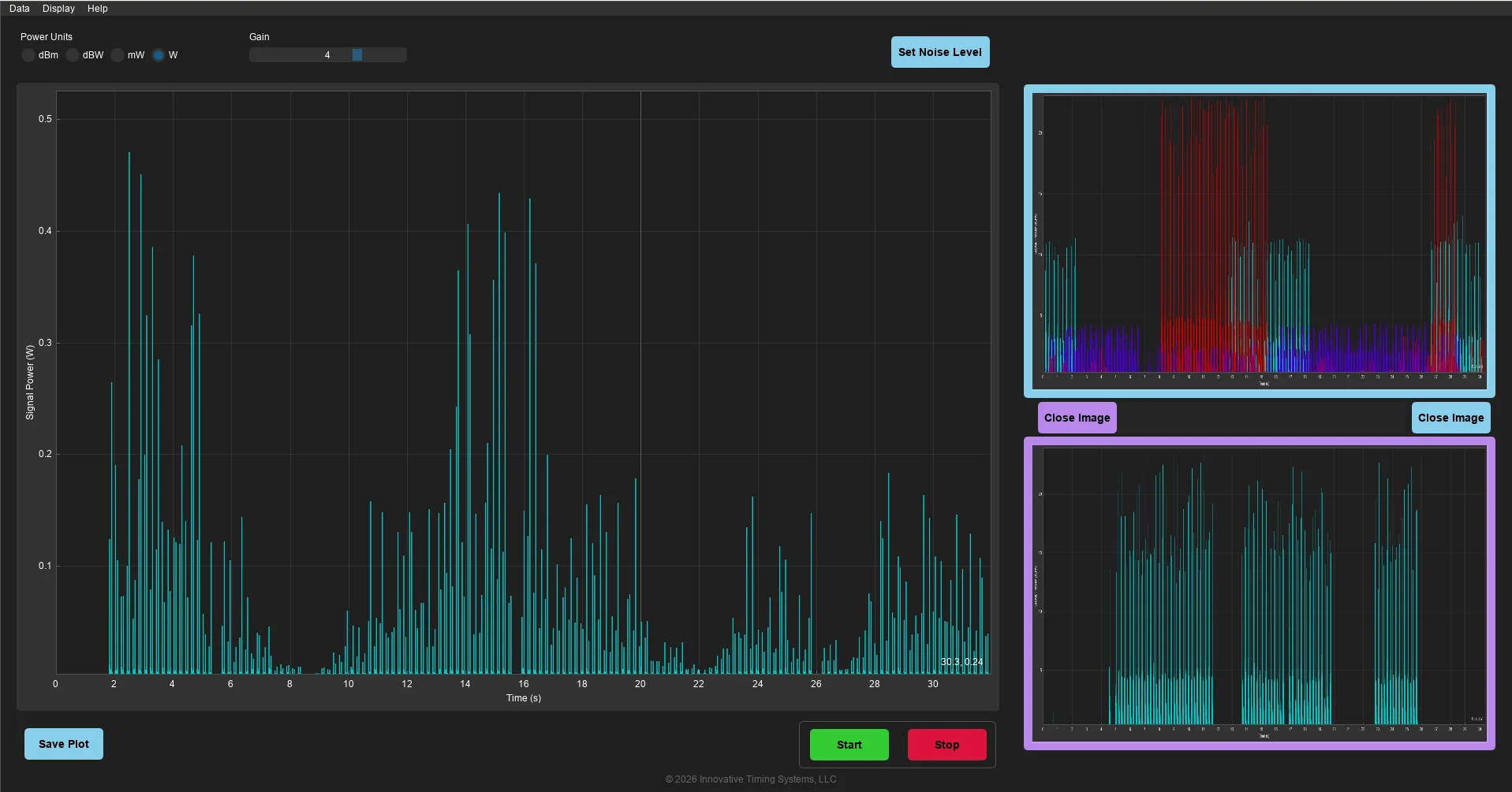 rfRanger Viewer software showing live signal-power plot over time with gain controls and overlay analysis windows