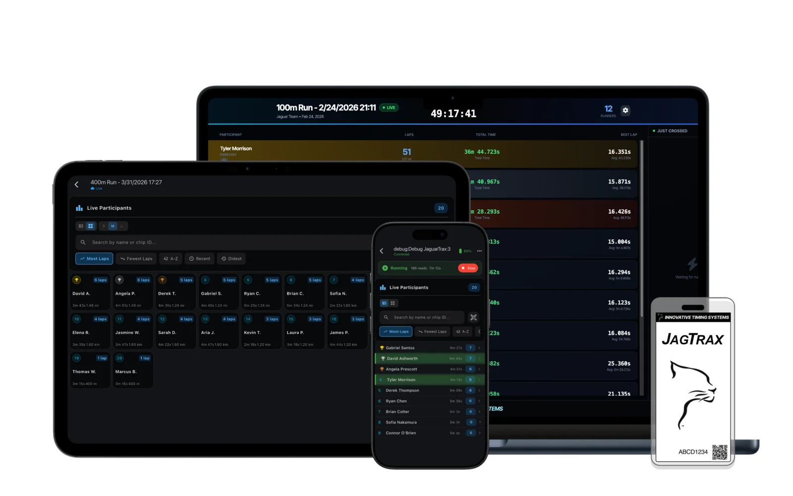 JagTrax across iPad, iPhone, MacBook, and a branded reusable RFID chip