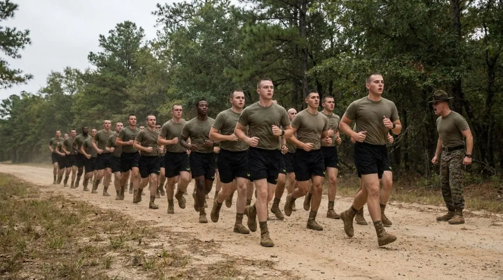 Service members in PT gear running in formation on a dirt road