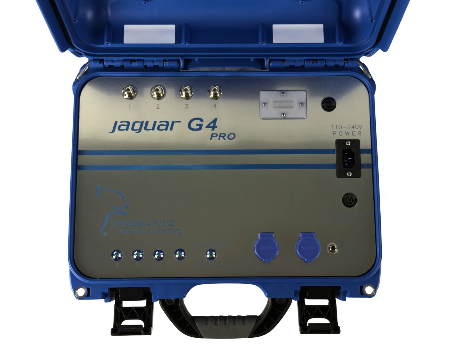 Jaguar G4 Pro control panel close-up β four numbered antenna ports, 110β240V power input, LAN and USB ports, and reader status LEDs