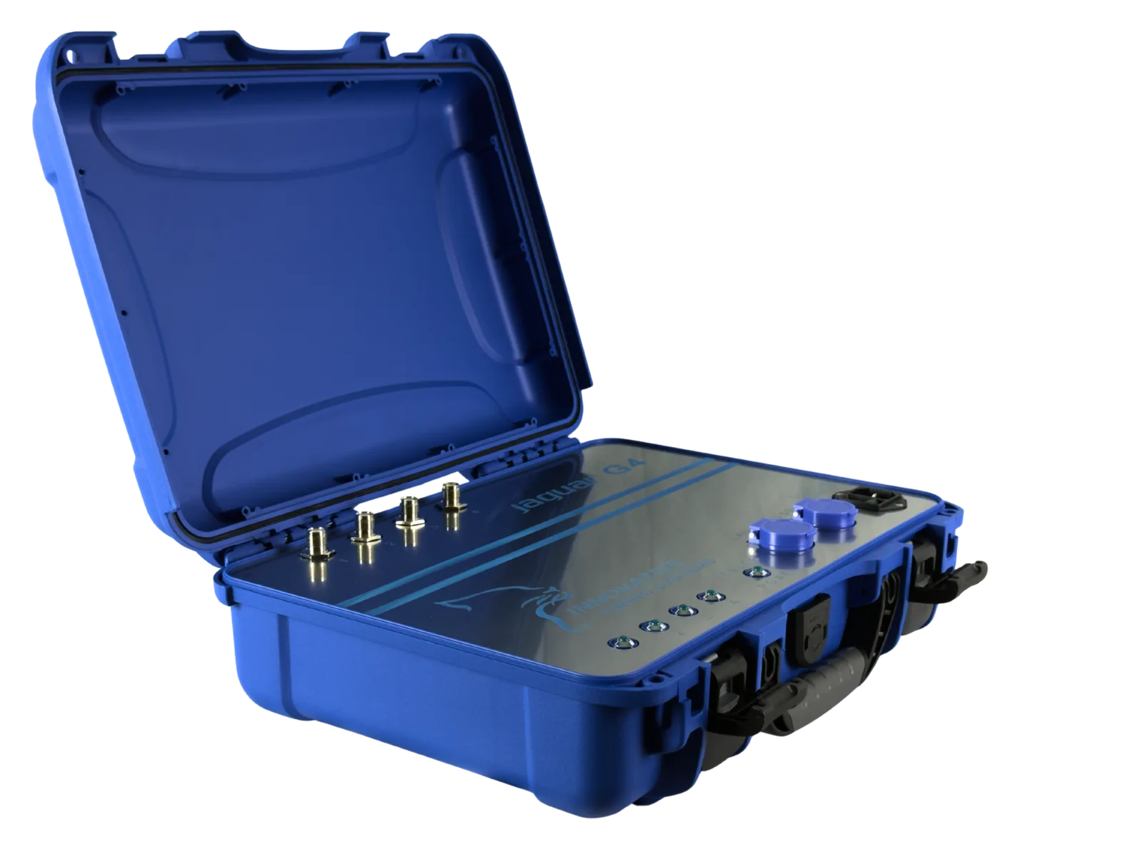 Jaguar G4 RFID race timing system β open rugged blue case showing four antenna ports and the stainless control panel