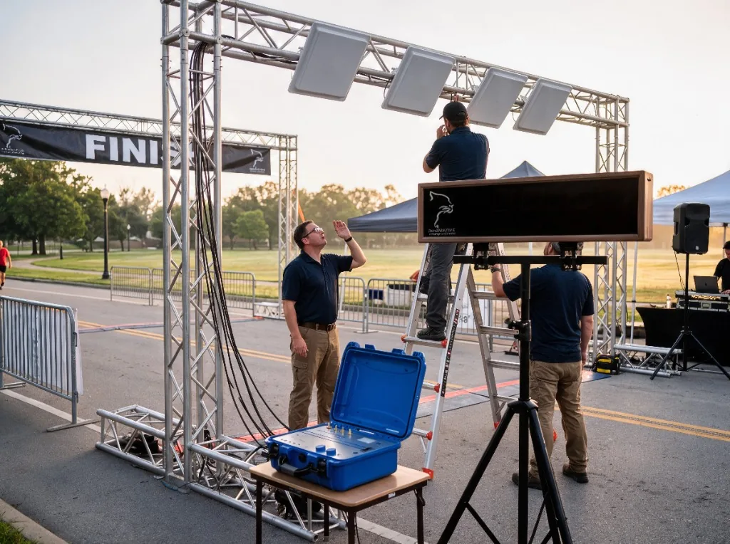 Professional timing crew setting an RFID finish on a road course — aluminum truss, antennas, and Jaguar hardware